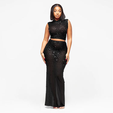 Style Women's Sexy Sheer Mesh Rhinestone Long Dress Two-Piece Set