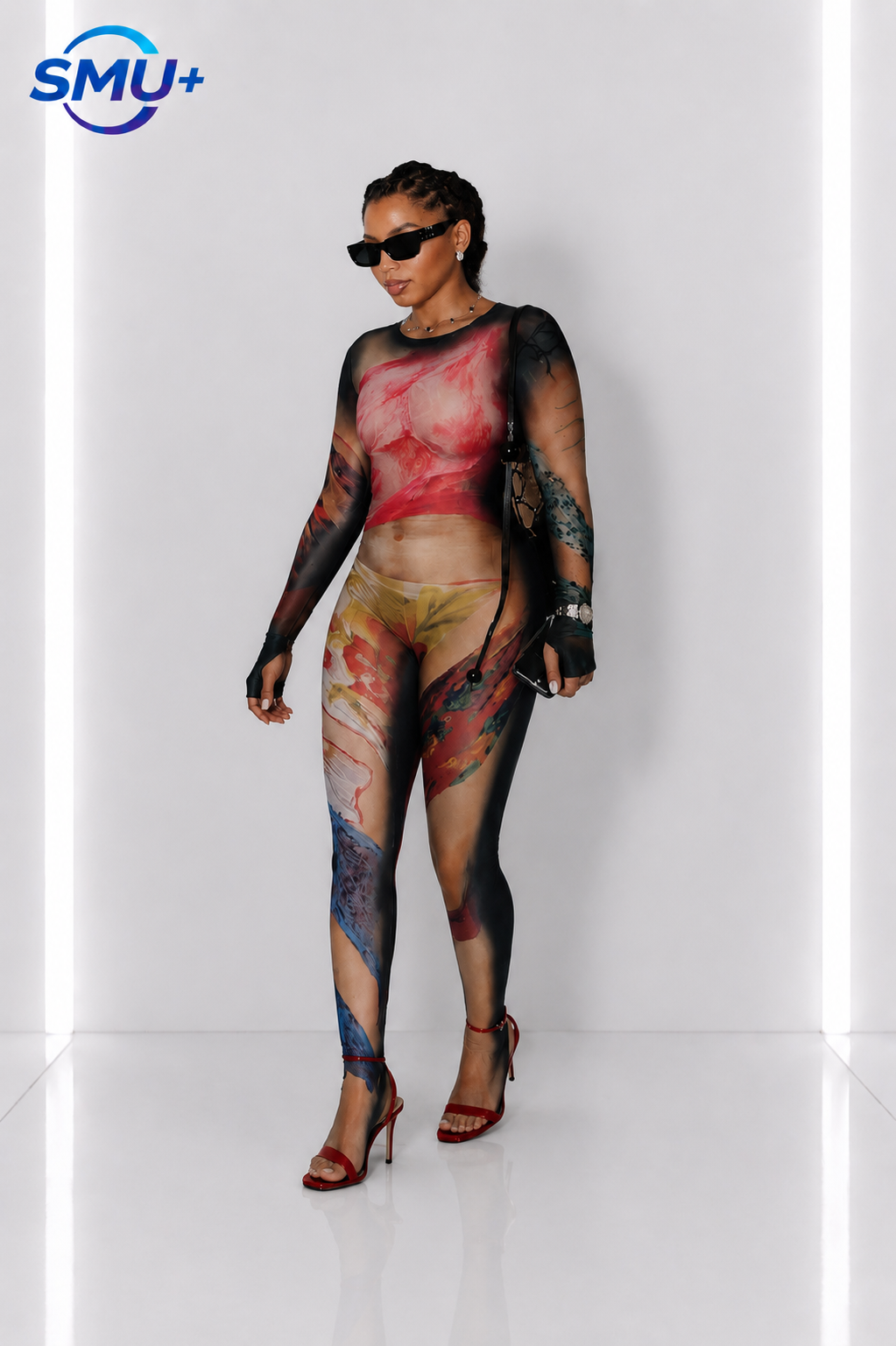 New women's body painting printed round neck long sleeved tight fitting one-piece pants