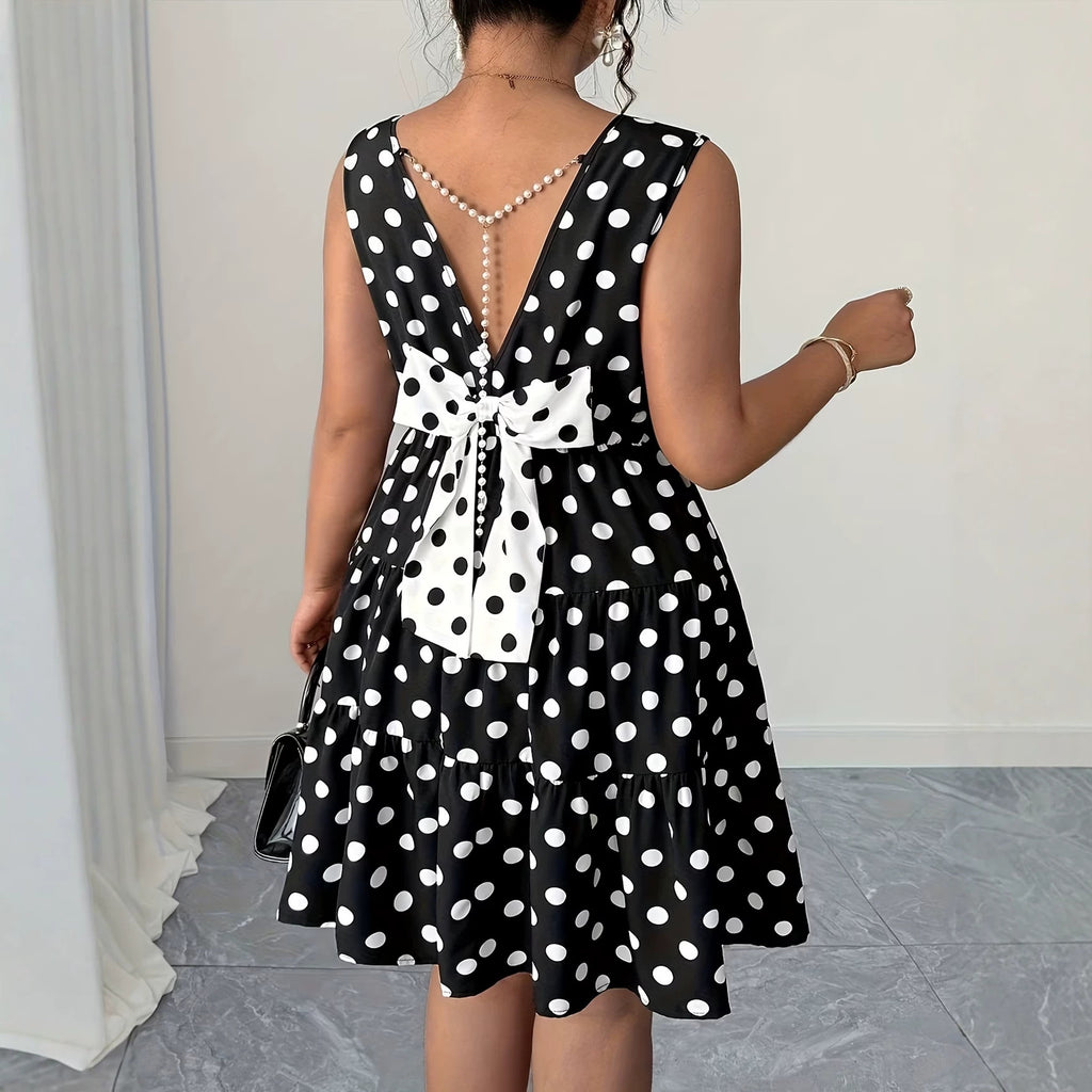 Polka Dot Print Dress with Color Block Bow, Plus Size Women's Dress