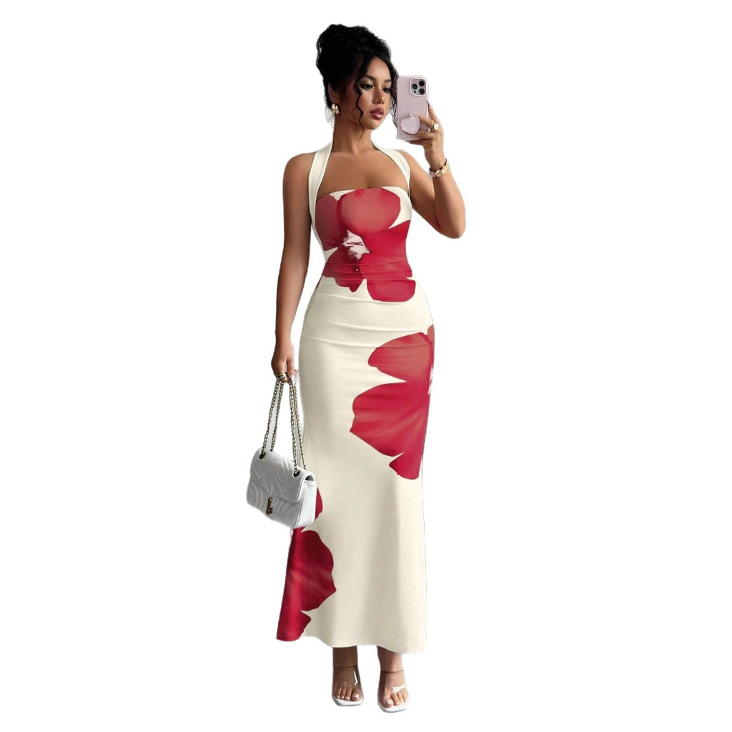 women's backless halter long dress with printed pattern fitted silhouette