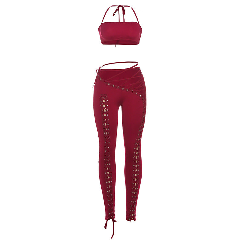 Style Solid Color Halter Neck Tie-Back Top with Belted Sexy Pants Two-Piece Set
