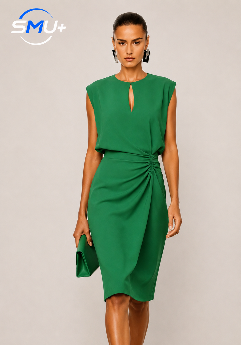 Solid color pleated waist cinched round neck hollow out women's dress
