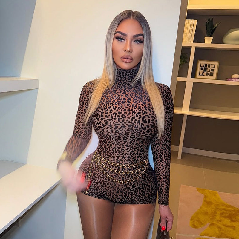 Fashion Sexy Leopard Print High Neck Slim Fit Bodycon Jumpsuit for Women