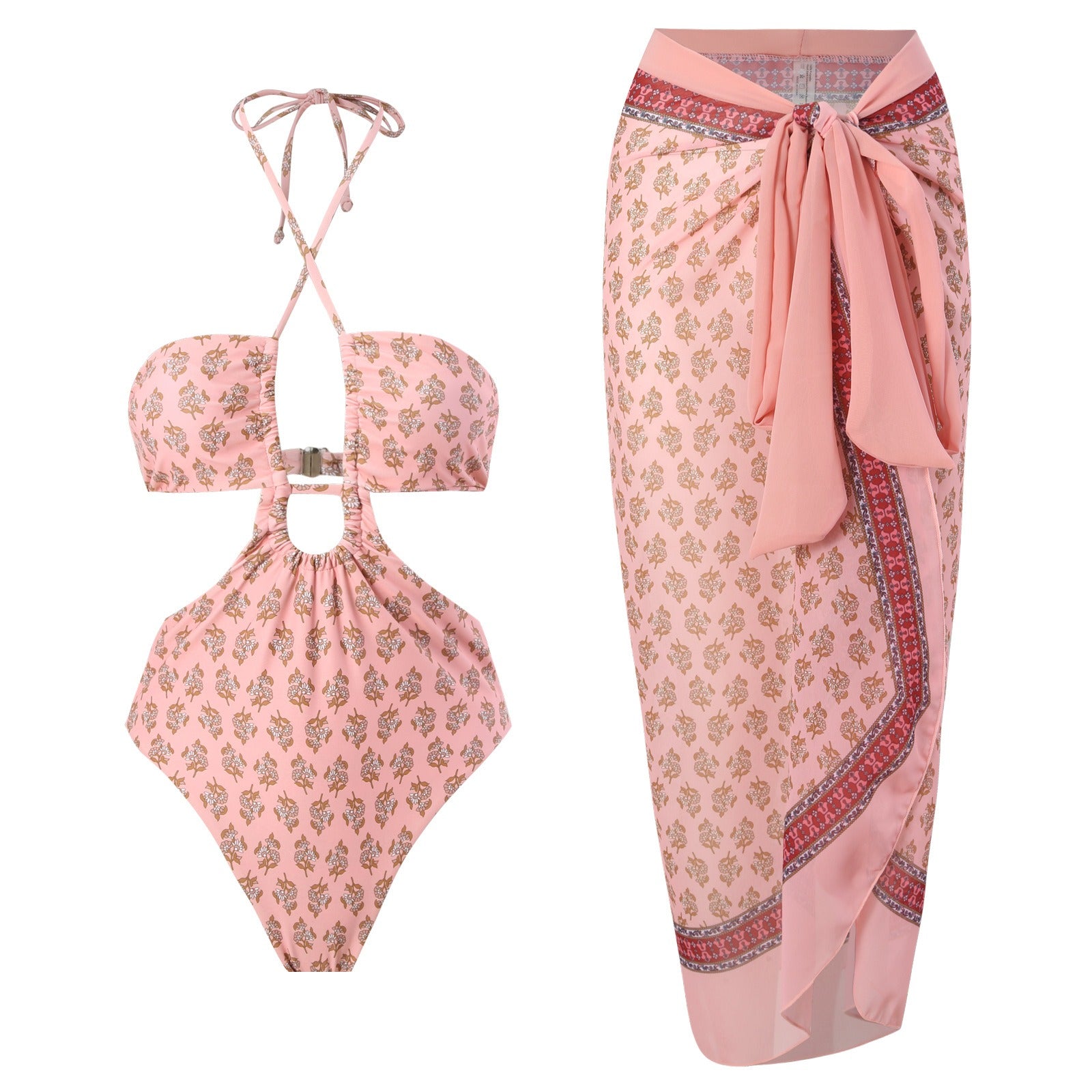 One-piece strappy hollow sexy triangle long chiffon wrap skirt foreign trade swimsuit/ SMU PLUS