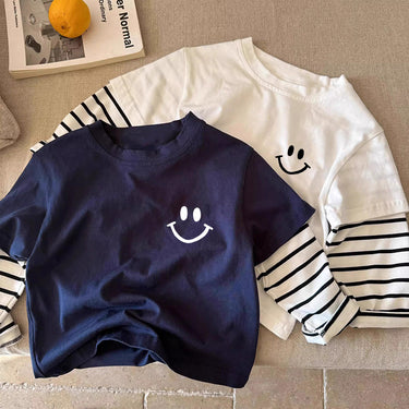 Unisex Kids Long Sleeve Striped Mock Two-Piece Casual Versatile Base Layer Top