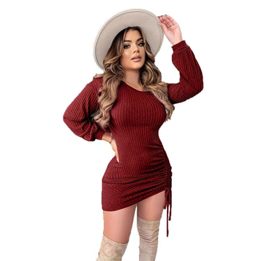 Women's Fashion Autumn Winter Sexy Slim Fit Solid Color Drawstring Asymmetrical Shoulder Long Sleeve Dress
