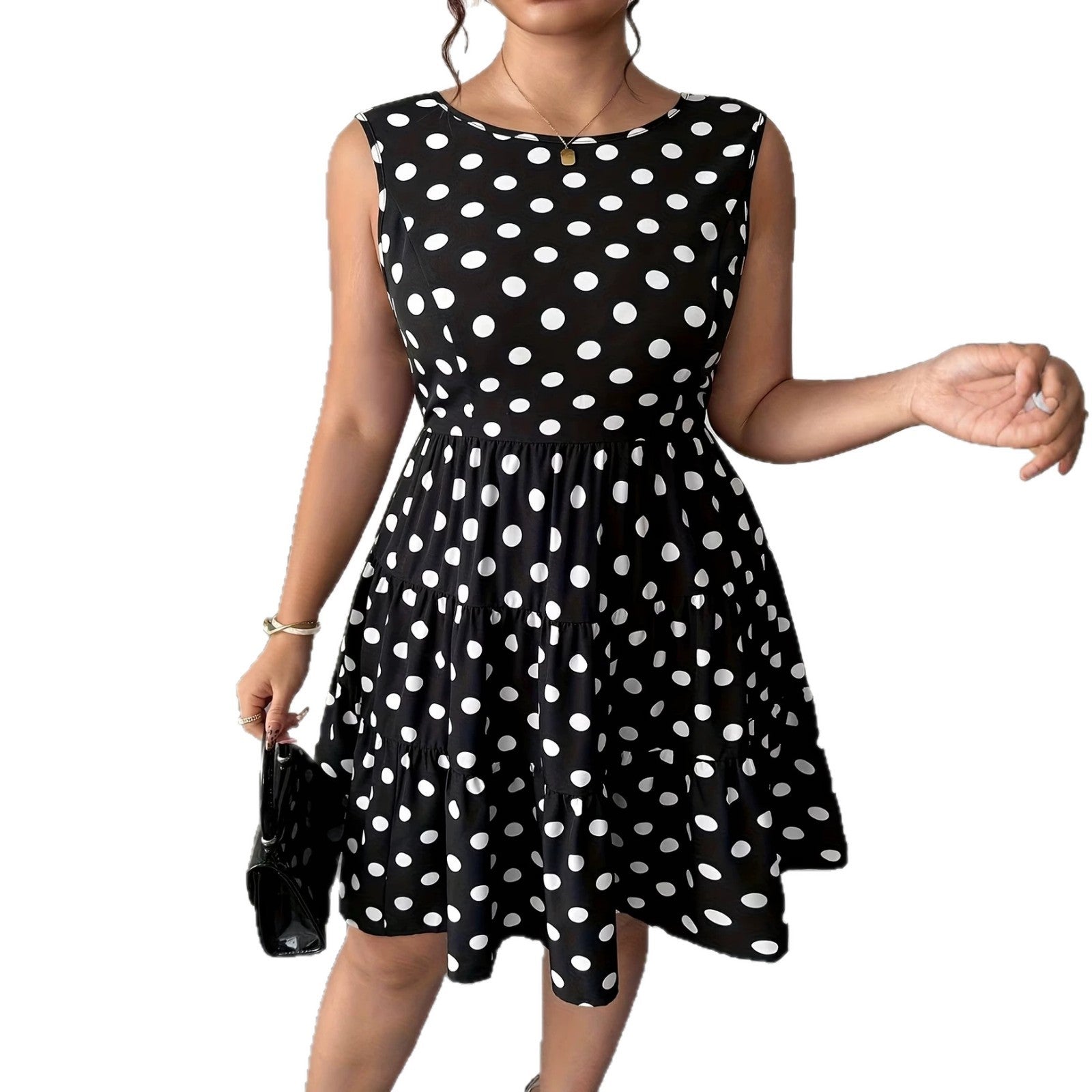 Polka Dot Print Dress with Color Block Bow, Plus Size Women's Dress