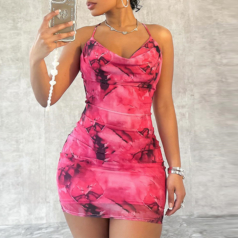 Fashion Women's Printed Strap Bodycon Dress with Neckline Cross Back Sexy Fitted Dress