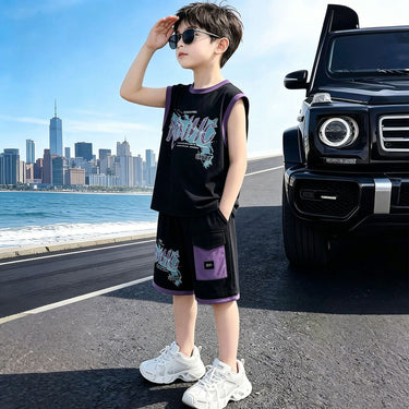 Boys' Patchwork Sleeveless Outfit Mid-to-Large Kids Trendy Streetwear Chic