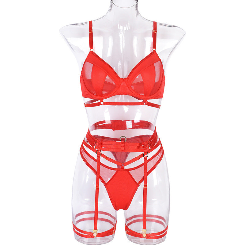 Spring and Summer Fashion Lace Complex Craft Gathered Hollow-out Mesh  Lingerie Four-piece Set for Women