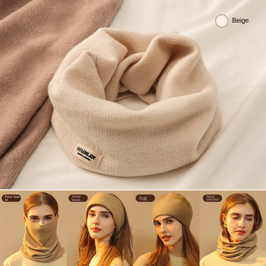 One piece solid color hanging ear women's wool scarf with scarf and hat