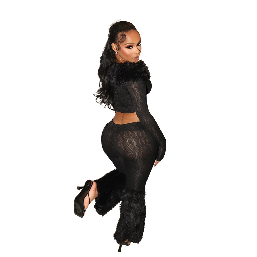 Long Sleeve One-Shoulder Top and Fitted Trousers Fluffy Two-Piece Set