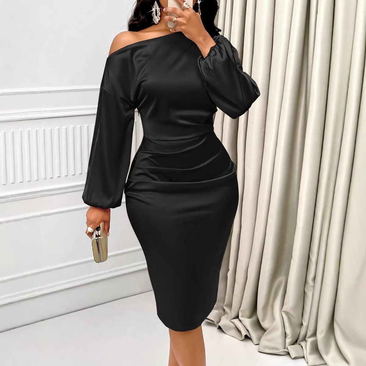 Slanted collar long sleeved dress
