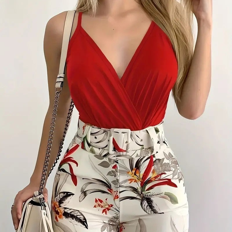 Plant Print Sleeveless V-neck Women's Set with Matching Shorts