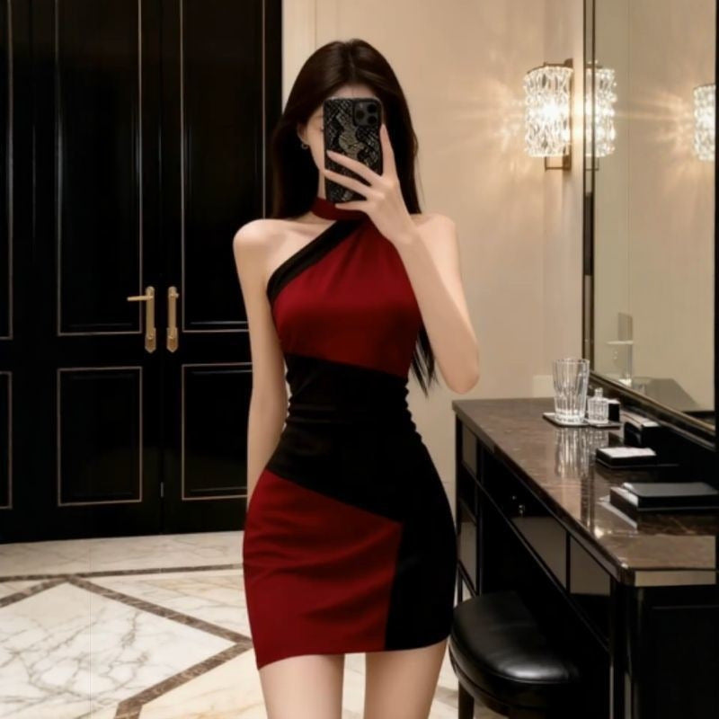 Sexy Color-Blocked Sleeveless Off-Shoulder Halter Dress