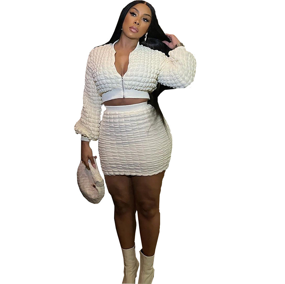 Fashion Casual Fitted Bubble Grid Zipper Top and Pencil Skirt Set