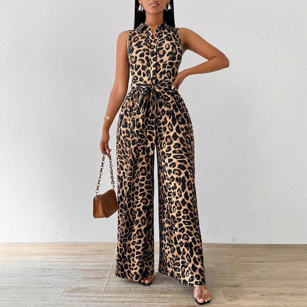 Sleeveless leopard print jumpsuit