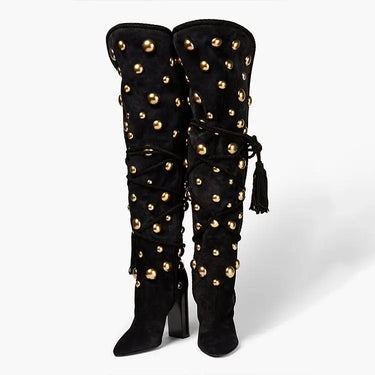 Studs Knee Boots Black Pointed Toe Velvet Shoes Women's Chunky Heel Tassel Fringe Metal Ball Cool Girl Punk Women Winter Boots