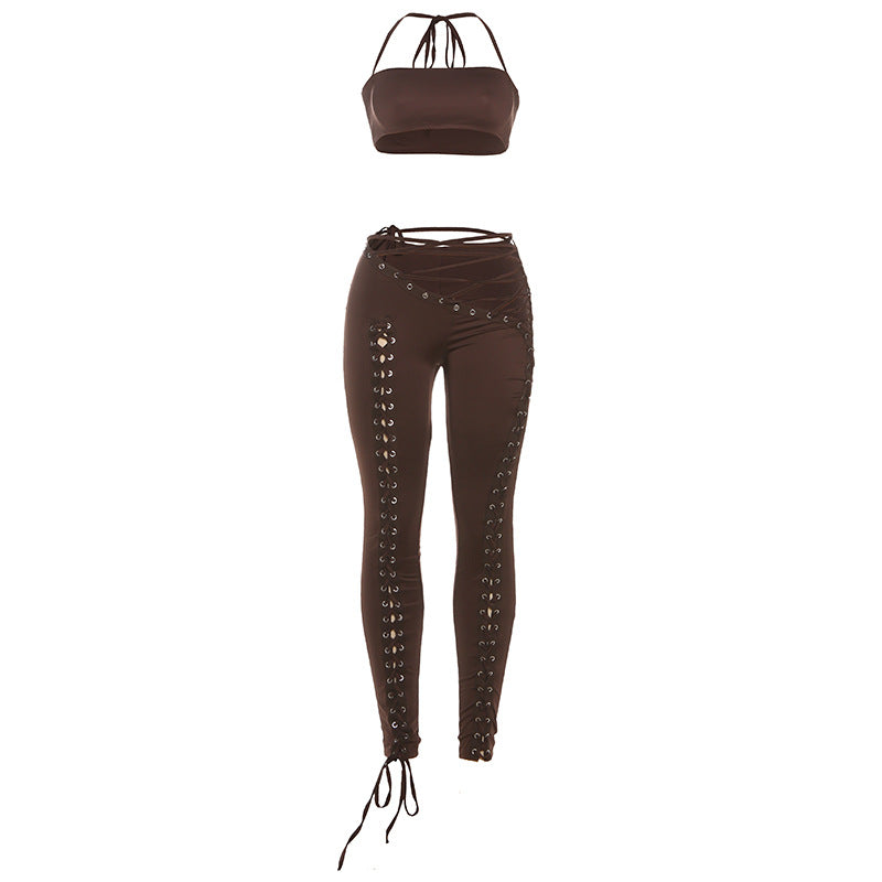 Style Solid Color Halter Neck Tie-Back Top with Belted Sexy Pants Two-Piece Set