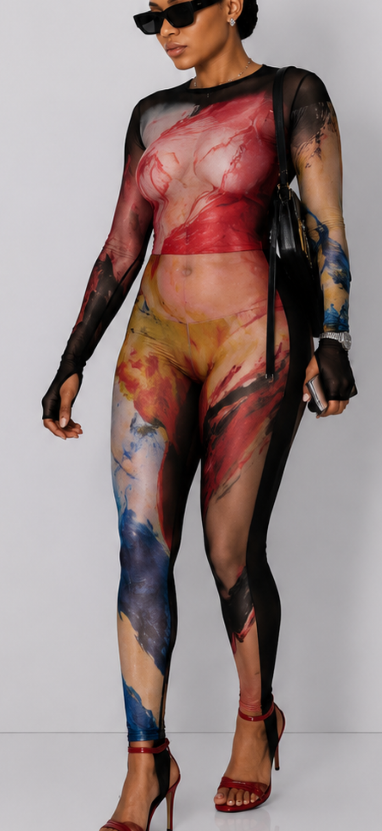 New women's body painting printed round neck long sleeved tight fitting one-piece pants