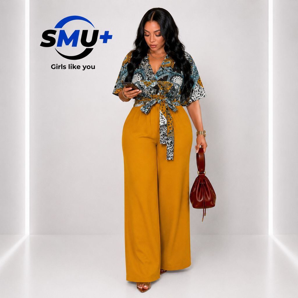 Chic Office-Style Printed Spliced V-Neck Straight Leg Jumpsuit for Women