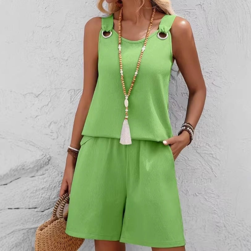 Two-Piece Shorts Women's Set Summer  New StyleFashion Round Neck Sleeveless