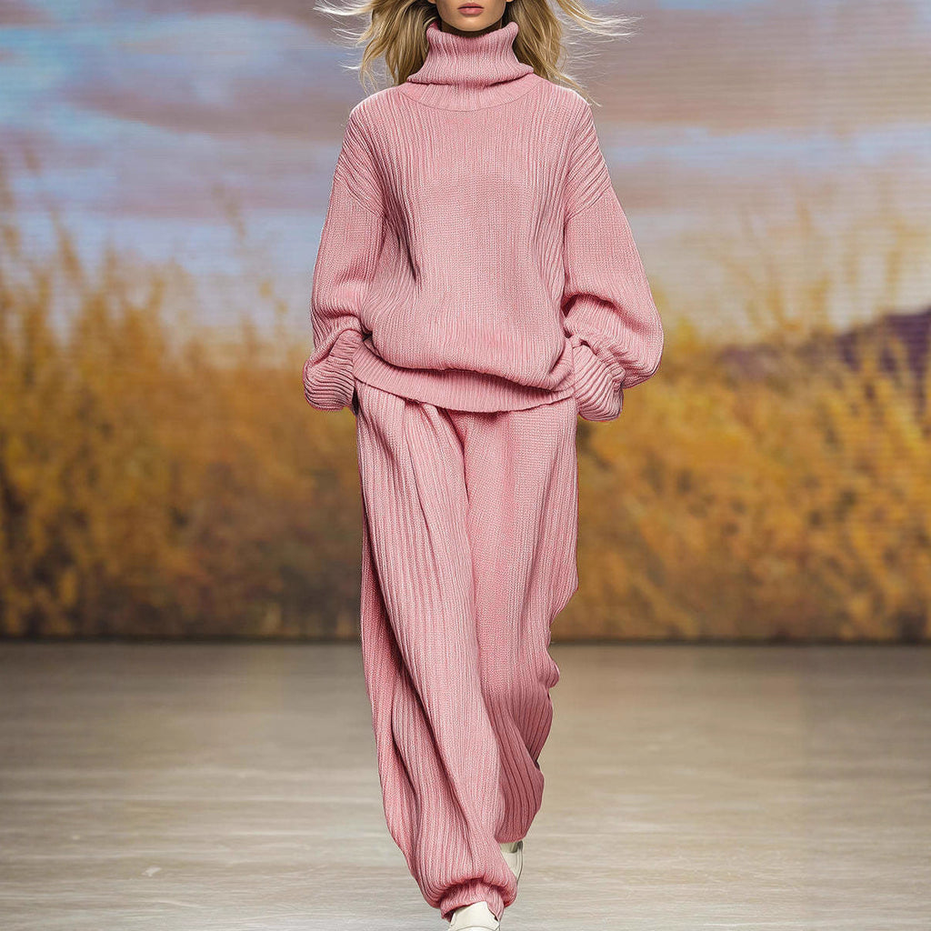 Casual Knit Loose High Neck Wide Leg Pants Set