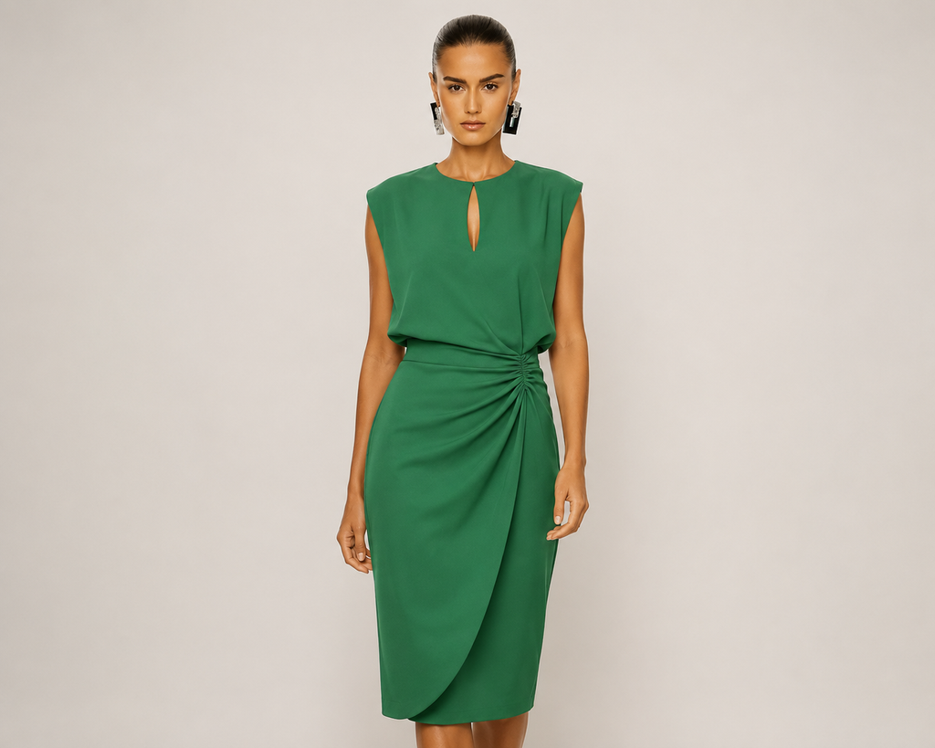 Solid color pleated waist cinched round neck hollow out women's dress