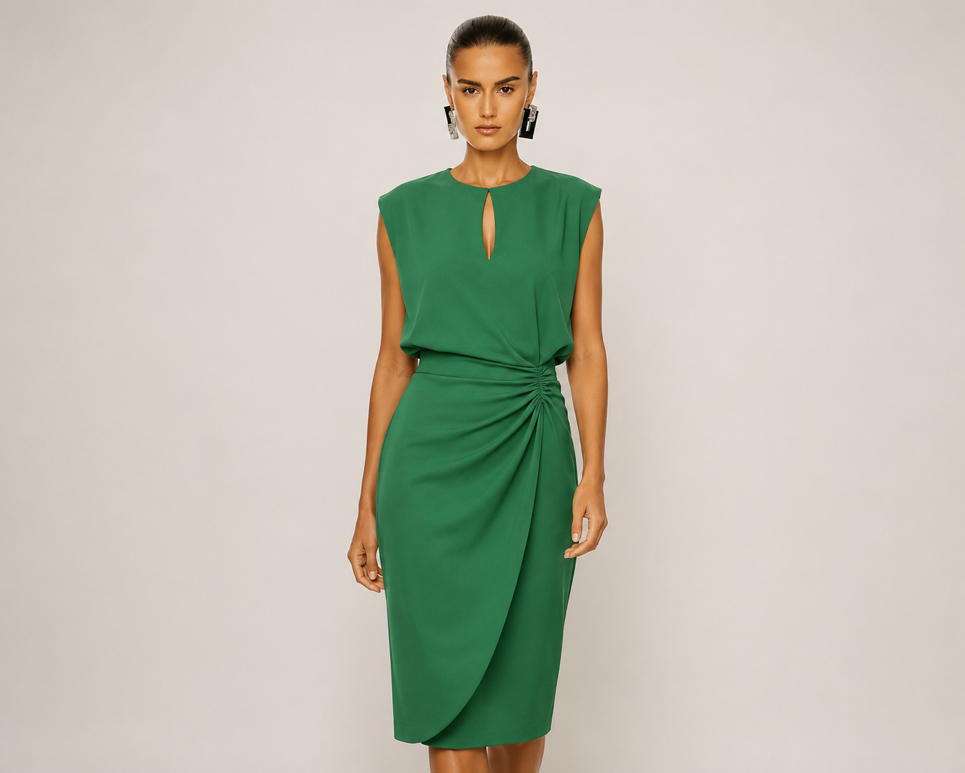 Solid color pleated waist cinched round neck hollow out women's dress