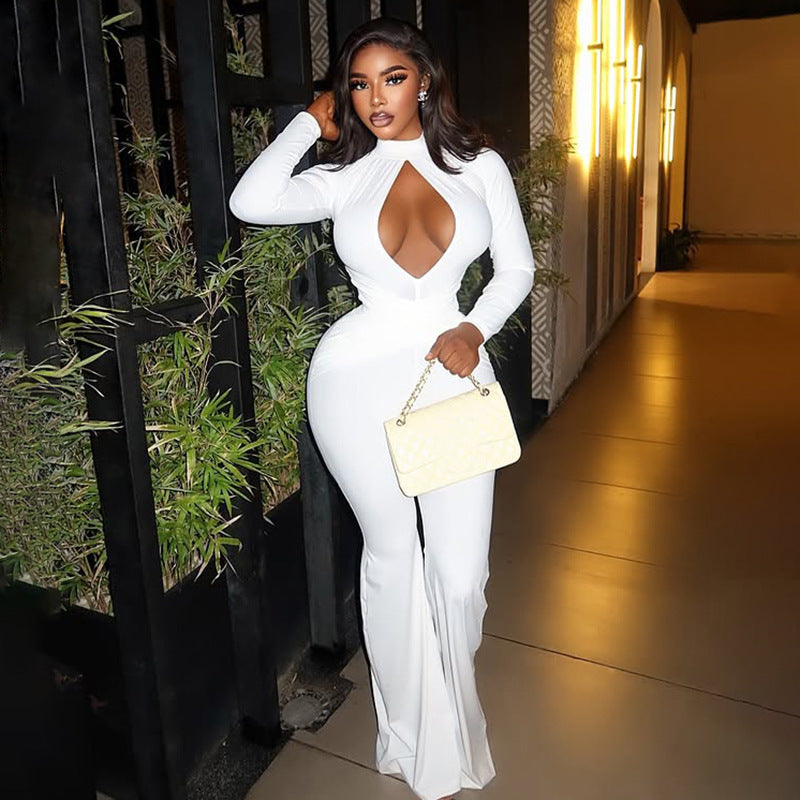 Autumn and winter new sexy girl waist cinching hollow temperament solid color trumpet jumpsuit women's clothing