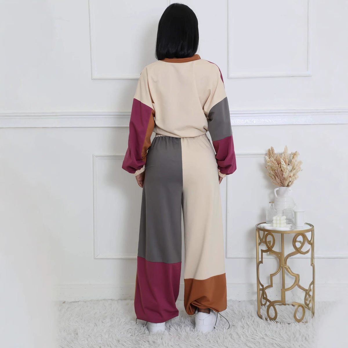 Sporty Woven Two-Piece Set with Zipper and Drawstring Design, Color-Blocked Printed Outfit smu plus