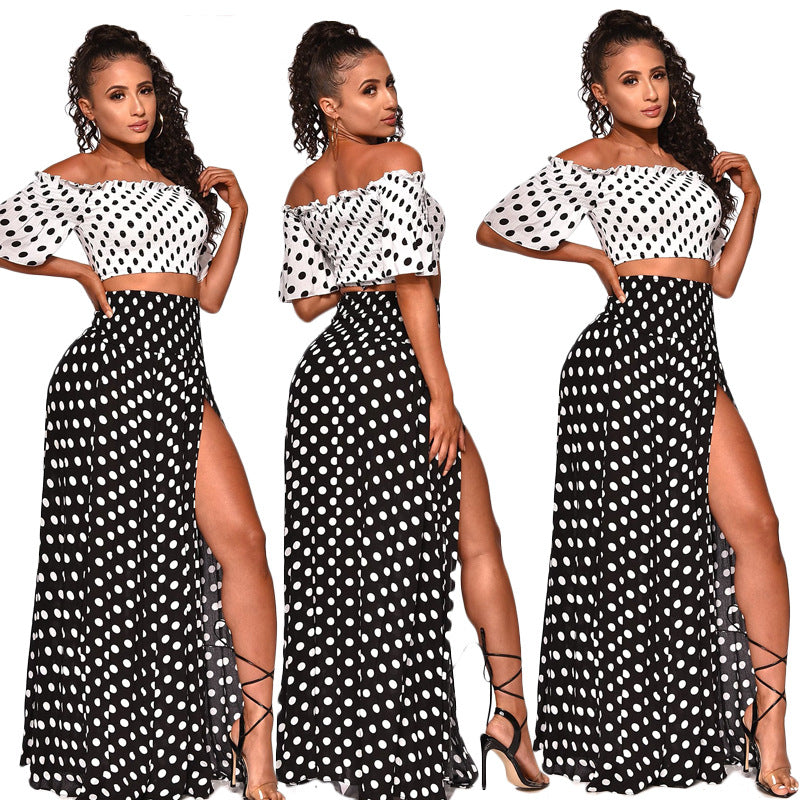 Polka off shoulder split skirt set