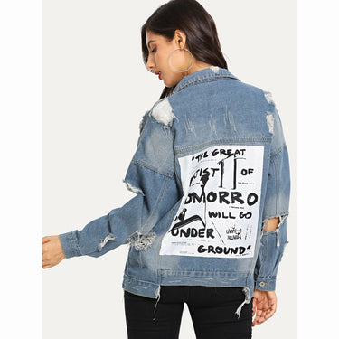 Basic Coat Bombers Vintage Fabric Patchwork Denim Jacket Women Cowboy Jeans  Autumn Frayed Ripped Hole Jean Jacket