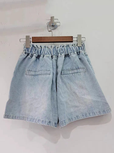 Beautiful Colorful Diamond Beads High Waist Loose Wide Leg Denim Shorts Drawstring Elastic Pant Spring Summer