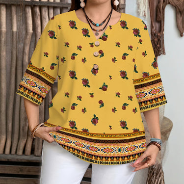 Big Size Women's Casual All-Over Print V-Neck Button Decorated Loose Short Sleeve Shirt T-Shirt