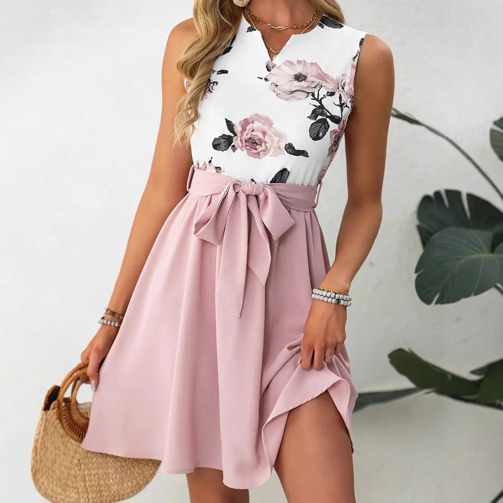 Chic Retro Polka Dot Floral Print Short Sleeve Round Neck Slim Fit Knee-Length Dress