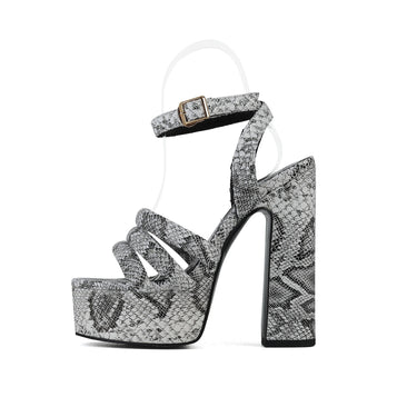 Round toe button strap with exposed toe snake pattern thick heel oversized sandals for women