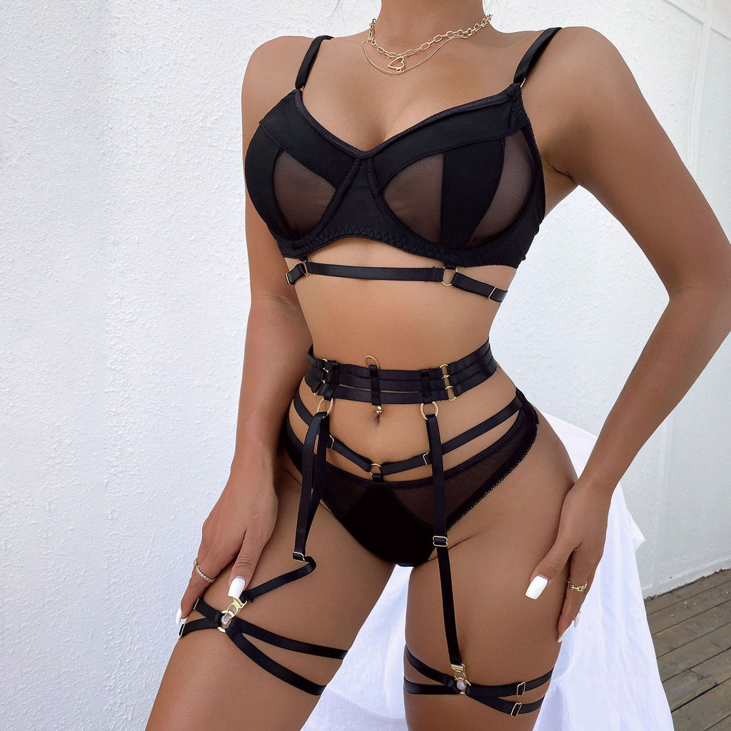 Spring and Summer Fashion Lace Complex Craft Gathered Hollow-out Mesh  Lingerie Four-piece Set for Women
