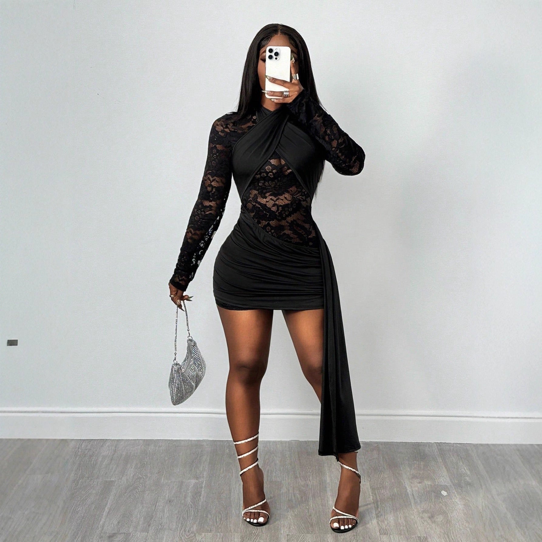 Sexy Lace Sheer Long Sleeve Bodycon Dress with Tie-Back Neckline for Women