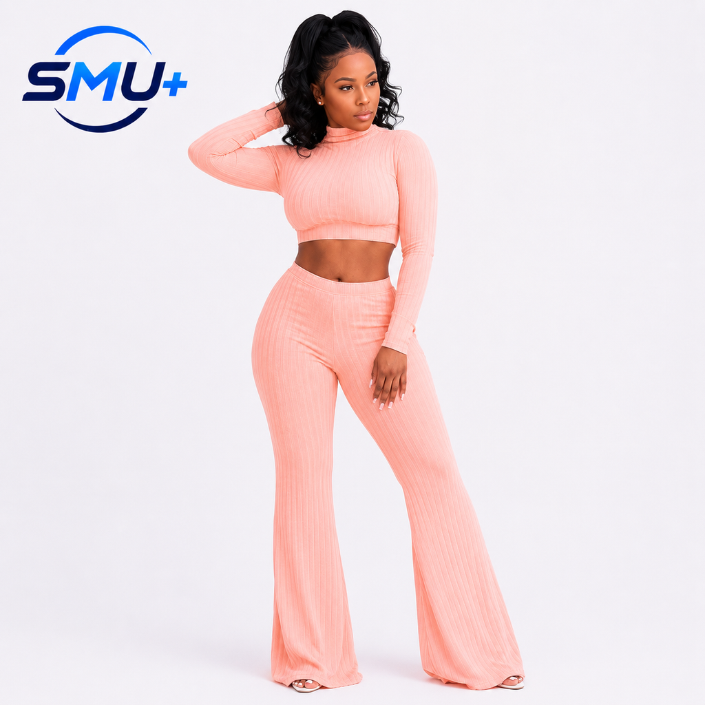 Round neck top and wide leg pants two-piece set