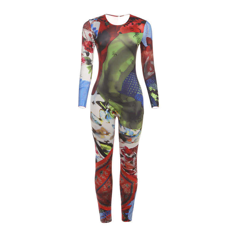 Creative 3D Digital Print Streetwear Fitted Long Sleeve Jumpsuit for Women
