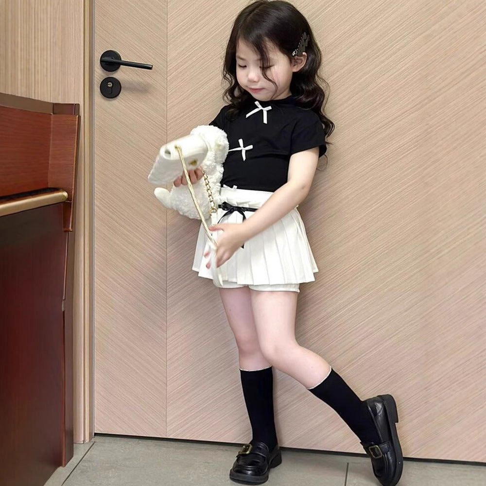 Girls' Summer Casual SetFitted Short Sleeve T-Shirt + Pleated Skirt 2-Piece Outfit for Kids