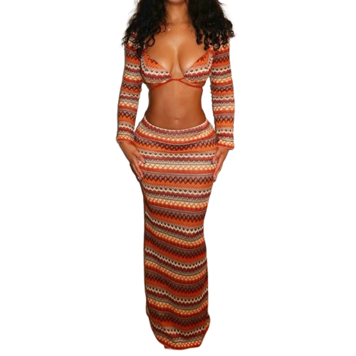 Color woven tied skirt set with exposed navel for women