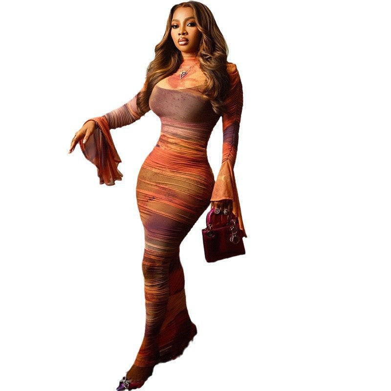 Print Flared Long Sleeve Round Neck Pleated Sexy Fitted Dress