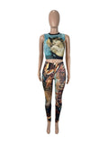 Sleeveless Crop Top with Printed Design and Fitted Long Pants Set