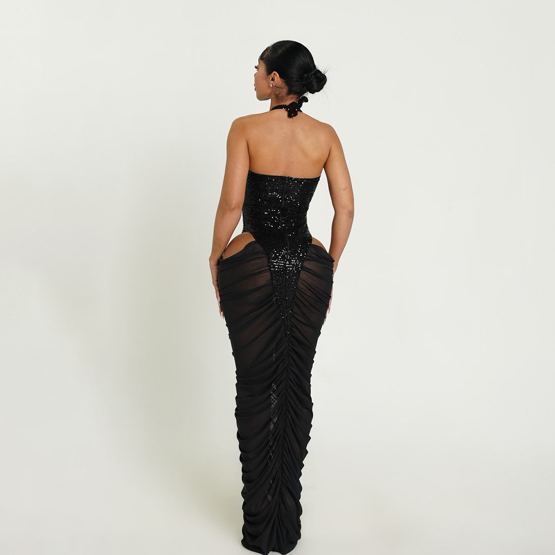 Sequin Spliced Sheer Mesh Pleated Bodycon Dress