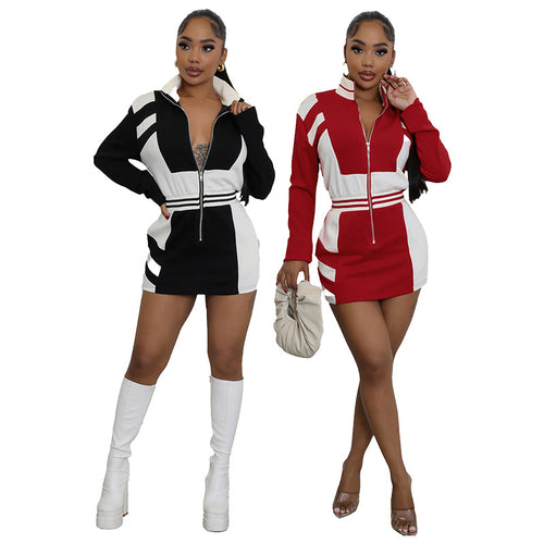 Casual Color-Blocked Zipper Jacket Long Sleeve Fitted Dress for Women