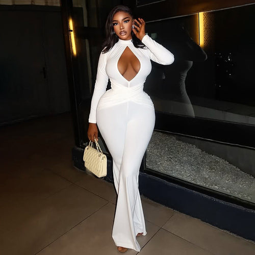 Autumn and winter new sexy girl waist cinching hollow temperament solid color trumpet jumpsuit women's clothing