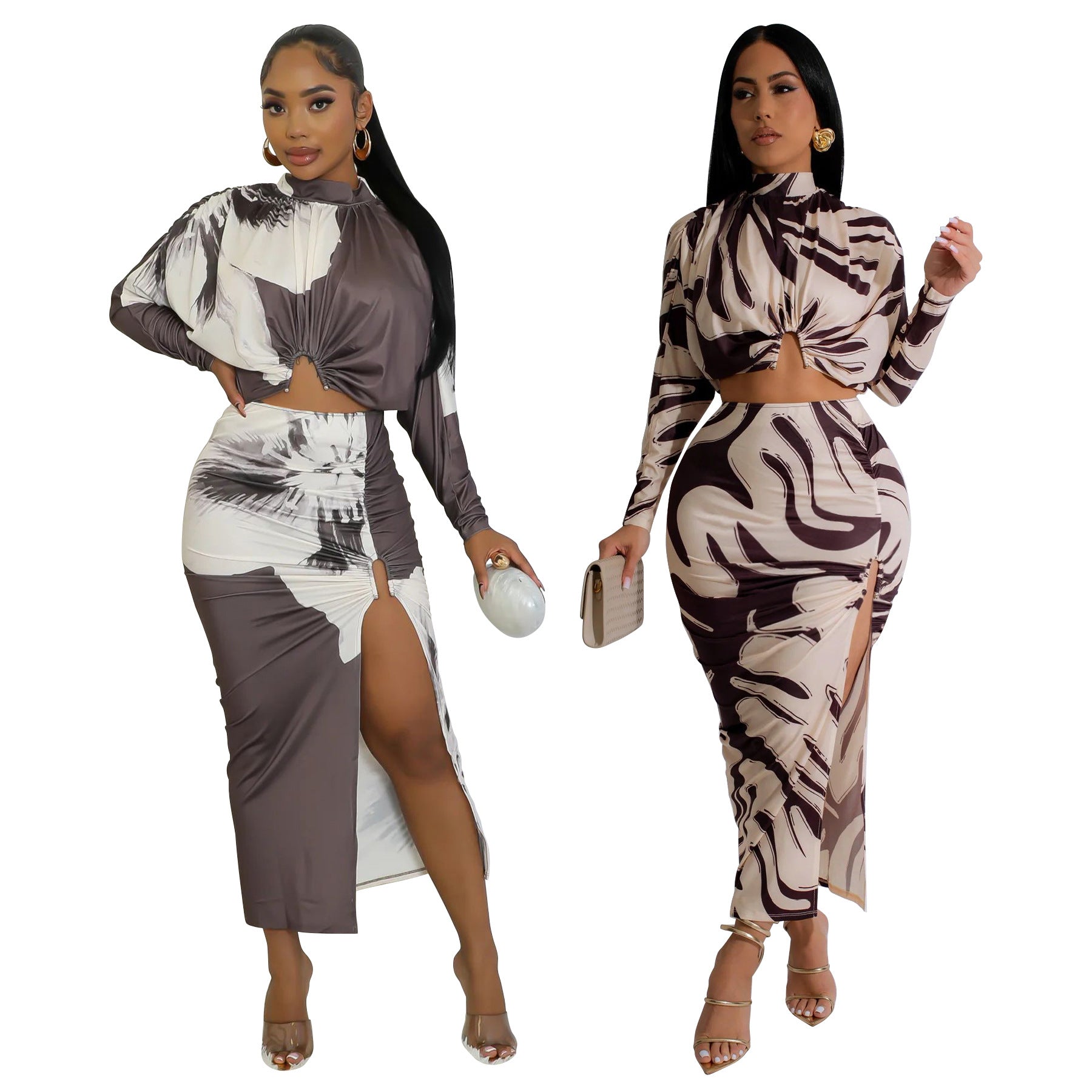Printed long sleeved skirt two-piece set