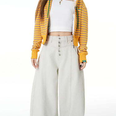 Stylish Gray and White Five-Button Loose Wide-Leg Jeans for Women
